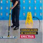 Señal de Precaución de piso Amarillo 66 cm comunicación de seguridad al lado de hombre limpiando