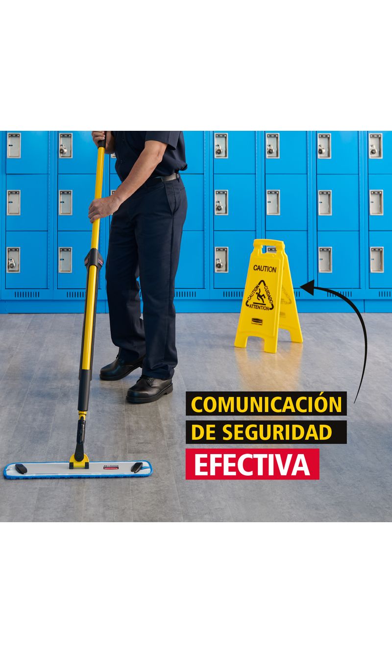 Señal de Precaución de piso Amarillo 66 cm comunicación de seguridad al lado de hombre limpiando